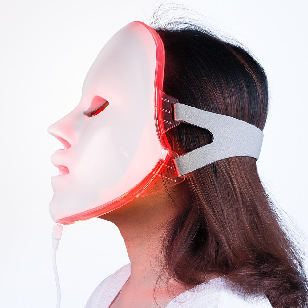 LED face mask in red light mode for anti-aging and collagen boost